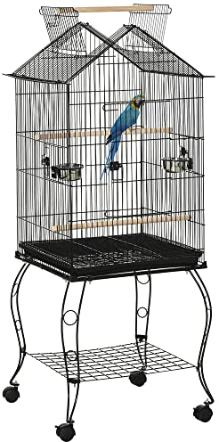 PawHut Cage à Oiseaux sur Pied volière avec 2 mangeoires perchoirs Plateau Amovible poignée et roulettes - 50 x 58 x 137-145 cm Noir