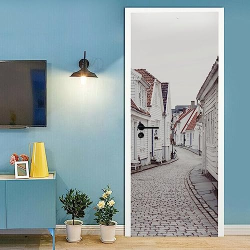 A.Monamour Türtapete Selbstklebend Türfolie Türposter 3D Straßenszene Mit Traditionellen Weißen Holzhäusern In Stavanger Norwegen Vinyl Folie Türdeko Tapete Wandbild Türaufkleber Türtattoo 77x200cm