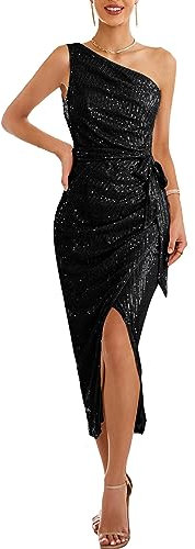 GRACE KARIN Damen Ärmellos Pailletten Midikleid für Party Elegant Abendkleid mit Schlitz, Farbe: Schwarz, Größe: S