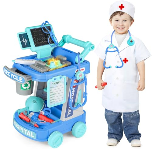 deAO Arztwagen Arztkoffer Kinder, Doktorkoffer Doktor Spielset mit Arztkostüm Stethoskop Thermometer Spritze, Arzt Set zum Rollenspiel Doktor Medical Trolley Spielzeug Viel Zubehör Geschenke Kinder