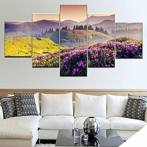 Kunstdrucke Gemälde 5 Teilig Leinwand Drucke,Wand Für Zuhause Malerei Wohnzimmer Wohnung Deko Modulare Bilder Idyllische Landschaft Und Blumenwiese Poster Hd Gedruckt, Mit Rahmen 150 X 80 Cm Schlafz