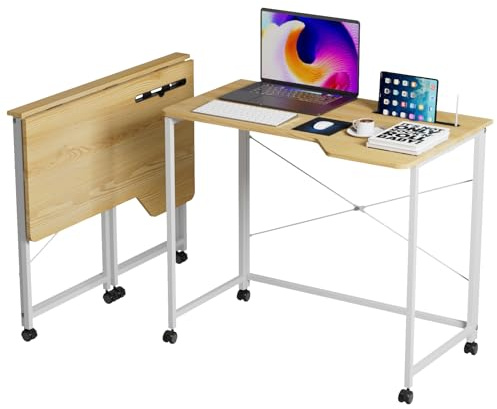 Mesa de escritorio plegable con Ruedas, escritorio de ordenador plegable con ranura para tarjetas, Mesa Abatible de Madera y Acero Mesa de Trabajo Mesa de Estudio Puesto de Trabajo, 90x56x75 cm, Beige