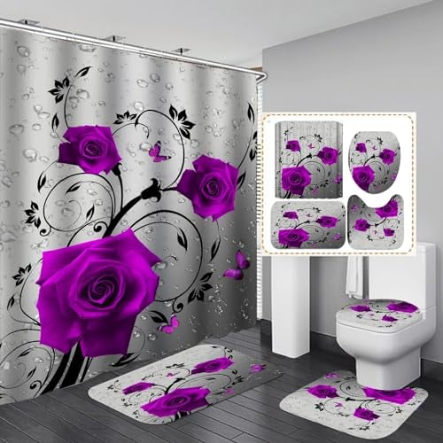 UXIYI Valentinstag Duschvorhang Set, rote Rose Duschvorhang Set, Romantische Blumen Duschvorhang Sets mit Teppichen, Weihnachtsbaddekor,Lila
