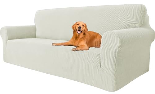 YSTELLAA High Stretch Sofa Überzug 3 Sitzer, Couch Bezug rutschfest, Universal Sofahusse Elastische, Couchüberzug Sofaschutz Katze Durable, Waschbare Sofa Covers Mit Armlehnen, Natürlich