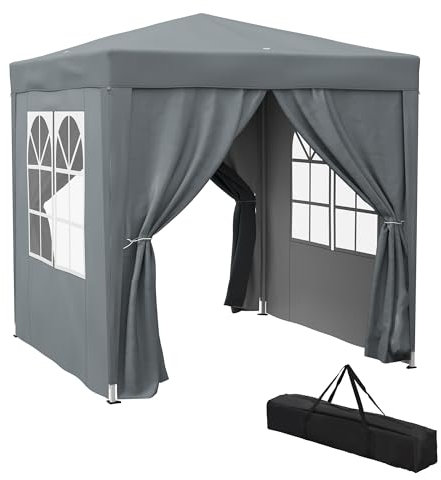 Outsunny 2 x 2 m Garden Pop Up Gazebo, Wedding Party Tent Marquee, Water Resistant Awning Canopy With Sidewalls, Windows, Carry Bag, Grey