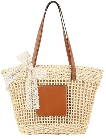 Sac de plage en paille pour femme – Sac à main tissé à la main pour les voyages d'été 2024, blanc, Medium