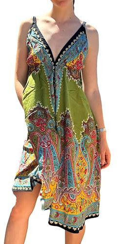 Vestido Verano Mujer Ligero Playa Dia a Dia Ropa Ibicenca Pareo Camisola Playera Elegante Monos Sensación Seda Viscosa Fresco Pareo Bohemio Étnico Verde Multicolor