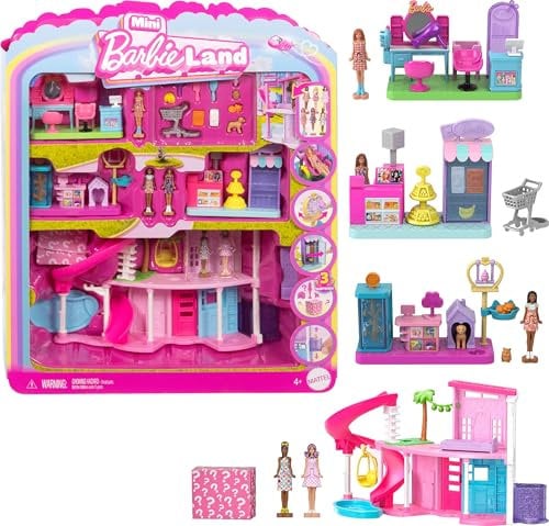 Barbie Coffret Maison de Rêve 4-en-1 Mini BarbieLand avec Maison de Rêve et 3 Autres Coffrets thématiques, 4 poupées de 4 cm, mobilier et Accessoires, JGL31