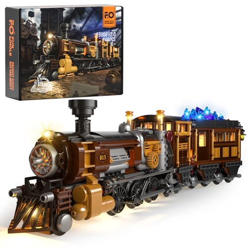 FUNWHOLE Erzbahn Beleuchtetes Baustein-Set - Steampunk Spielzeugzug mit LED Licht, Modularer Konstruktionsbausatz, 1159 Teile für Erwachsene und Teenager