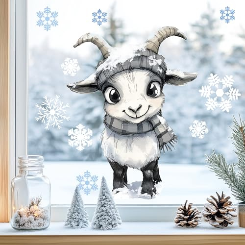 Fensterbild Fensteraufkleber Ziege Winter Fensterdeko | Fensterdeko Glasdeko für Fenster Glasflächen Kinderzimmer Wohnzimmer Küche Bad statisch haftend wiederverwendbar Saison Deko