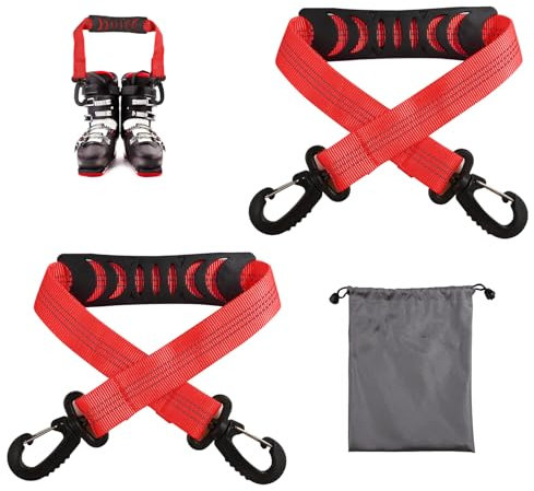 lasuroa 2stk Skischuh-Tragegurte mit Aufbewahrungstasche, Tragbare Ski-Tragegurte Rucksackgurte Ski-Schulterschlinge Skitasche Schultergurt Skate-Leine Rollschuh-Leine Ski-Zubehör(Rot)