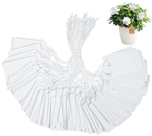 JOZMMZEOOA 500 Pcs Kraft Étiquettes 28*45 MM Ficelle Marron Blanc Étiquettes Vierges pour Cadeaux Bijoux Brocante (Blanc)