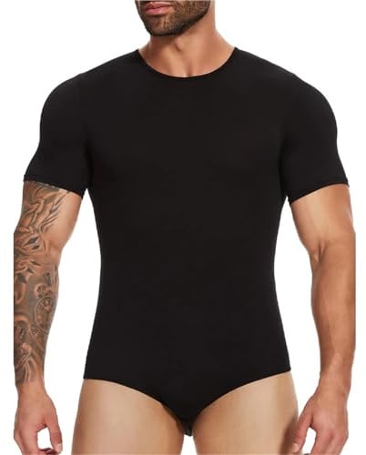 XLGBDDZ Herren Unterhemden Wrestling-Einteiler Kurzarm Body Shapewear Atmungsaktiv Sommerleichte Freizeit-Overalls(Black,S)