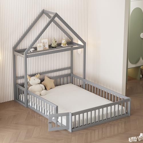 Wiuzo Kinderbett 140 x 200, Kinderbettgestell aus Massivholz mit Stauraum, Vollschutzgitter und Türen und Lattenrost, Grau