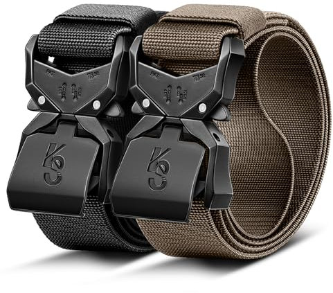 KEMISANT Taktischer Gürtel Herren 2er, Gürtel Militär Wandern Arbeitsgürtel 38mm,Schnellverschluss Metallschnalle(Schwarz/Hellbraun,110cm/32-36 taille verstellbar)