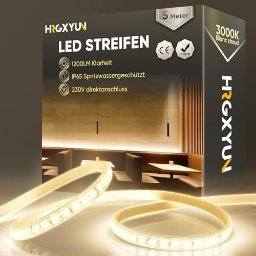 HRGXYUN 230V LED Streifen Aussen, SMD 2835 IP65 Wasserdicht, Bande LED Durchsichtig 1200LM Ohne Trafo Flexible Kürzbar für Zimmer und Außen Dekoration Beleuchtung, 3000K Warmweiß, 5m