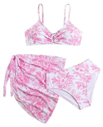 Blumengeschmückt Bikini Set Mädchen 3 Teiliger Badeanzug mit Spaghetti Träger Oberteile Unterteile Bikinikleid Sommer Strand Pool Dreiteiliger UV Anzug für Kinder (Red, 14 Years)