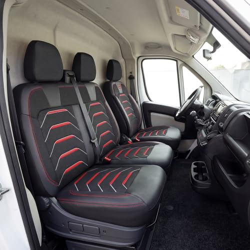 GIOVANNI BUTTI Autositzbezüge 2+1 für Ford Transit Custom 2015-2023 - Premium Vordersitze Auto Sitzbezug aus Leinen, Schwarz-Rot - Vordersitz-Set (rechter Beifahrersitz geteilt)