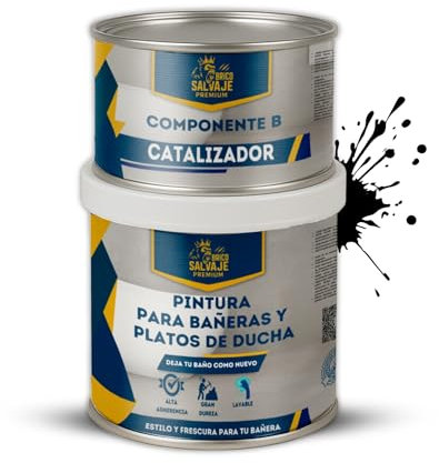 BRICOSALVAJE Pintura para Bañeras y Platos de Ducha de Poliuretano | 750 ml (600+150 ml) | Acabado Cerámico Brillo | Renovación sin Obras | Impermeable y Resistente (Ébano Profundo)