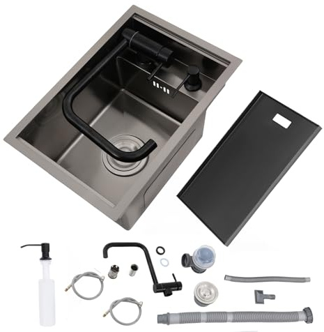 Fregadero de cocina oculto con grifo plegable, fregadero de acero inoxidable con tapa, 1 lavabo, 30 x 45 x 23 cm, incluye dispensador de jabón y tubo de drenaje, para cocina pequeña, caravana, bar
