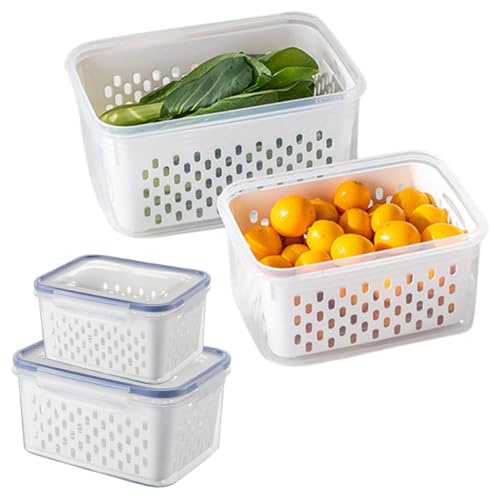 Klomveris 2pcs Fridge Fruit Storage Containers with Colander, Leakproof Refrigerator Organizer with Drain Baskets, Stackable Food Storage Bins Keep Food Fresh Longer, Airtight(Clear White)