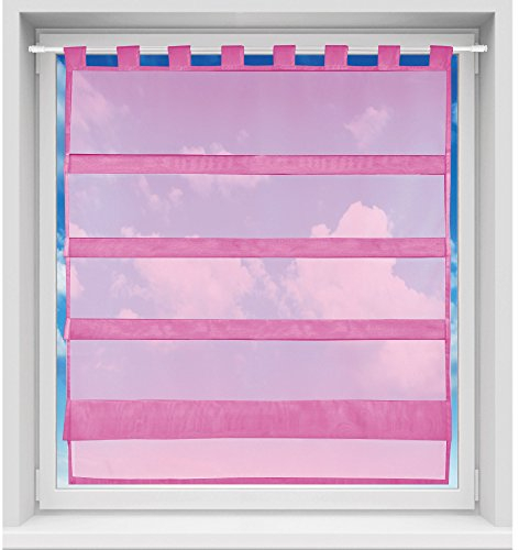 Bistrogardine in transparent mit Raffoptik, einfarbige und lichtdurchlässige Voile-Scheibengardine mit Schlaufe, in vielen Größen verfügbar (90 x 110 cm/pink - rosa)