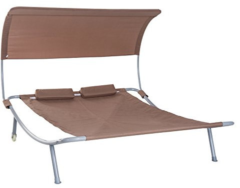 Outsunny Doppelliege Sonnenliege Gartenliege mit Dach rollbar Stahl Braun 200 x 170 x 138cm