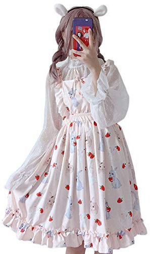 Himifashion Lolita Lot de 2 robes pour femme, au motif de lapins et de fraises, Rose, Taille unique