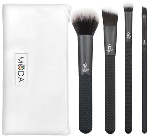 MODA Royal & Langnickel Pro Lot de 5 pinceaux de maquillage professionnels avec pochette, comprend : poudre multi-usages, fond de teint, ombre bombée et pinceau eyeliner angulaire, noir