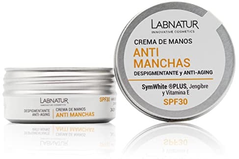 Crema de Manos Antimanchas Despigmentante 50ml. Labnatur. SPF-30 Despigmentante y Blanqueadora. Eficaz en Manchas Oscuras de Melanina. Protector Solar UVA-UVB y Acido Hialuronico.Piel Sensible.