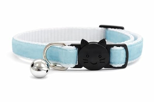 Velvet Cat Collars with Bell | Quick Safety Release Breakaway Buckle | Handmade in the UK | Available in Cat & Kitten Size | Baby Blue Velvet