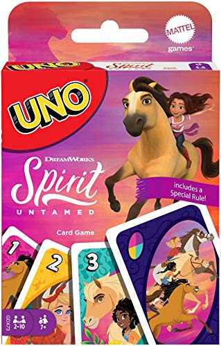 Mattel Games GXD73 - DreamWorks Spirit - frei und ungezähmt UNO-Kartenspiel mit 112 Karten mit Bildern zum Film, Spieleabend, Geschenk für Kinder ab 7 Jahren