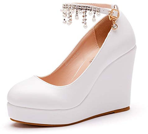 Crystal Queen 11 cm weiße Brautschuhe mit Keilabsatz und Quastenkette, W1L, Weiß (Weiß), 38 EU
