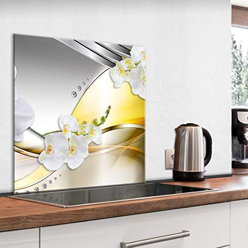 murando Glass Splashback for Kitchen Backsplash Cooker Protector Tempered Glass Decorative Wall Art Panel Heat Resistant Graphic 80x80 cm / 32x32 Abstract Orchid Flowers Yellow b-C-0636-aq-a