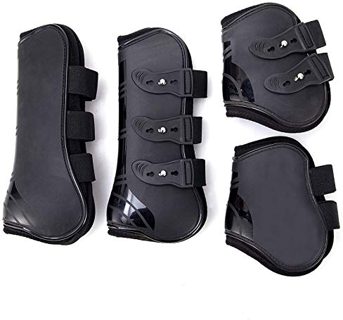Gamaschen Pferde 4er Set,Sehne Schützer Einstellbar Pferdesprungschutz Vorne Hinter Paar Robust Elastisch PU Pferd Vorderhinterbein Stiefel für die Vorderbeine,Schwarz,XL