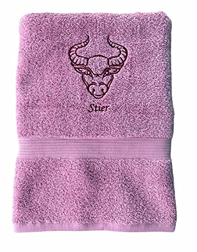Krings Fashion Duschtuch mit Sternzeichen hochwertig Bestickt, 70 x 140cm 100% Baumwolle, Farbe Altrosa, Stickfarbe Bordeaux, Motivauswahl - jetzt anpassen