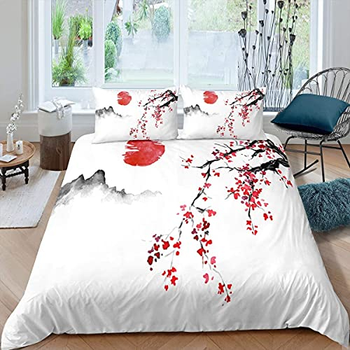 Parure de lit 2 pièces - Housse de couette 135 x 200 cm - Motif japonais fleurs de cerisier - En microfibre douce - Motif peinture à l'encre de Chine - Pour enfants, garçons, filles, adolescents
