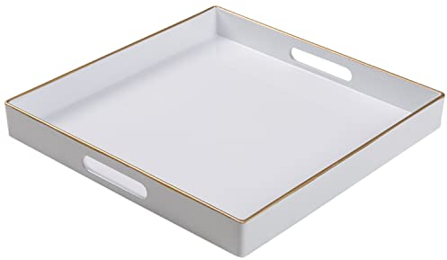 White Square Plastic Serving Tray with Handles, 13x13x1.57 for Coffee Table, Ottoman, Bathroom, Kitchen