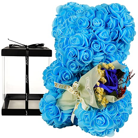 POHOMEGK Rosenbär Geschenke für Frauen Rosenbär niedlicher Teddybär, Blumenbär, Valentinstag, Weihnachten, Geburtstagsgeschenk(Blau)
