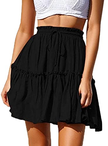 Hoerev Damen Mädchen Floral ausgestellter kurzer Rock niedlich hohe Taille Rüschen Rock Strand Minirock,Schwarz,Größe 3XL
