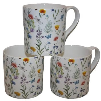 rubyspoon Balmoral Fine Bone China Mugs – Set of 3 (15 oz / 425 ml) – Wildflower & Insect Decor, Made in Stoke-on-Trent