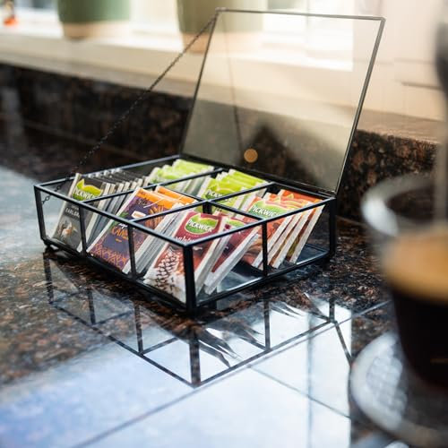 QUVIO Teebox für Teebeutel, Tee Organizer, Teebeutel-Aufbewahrungsbox, Metall Tee-Aufbewahrungsbox für Küche, Esstisch, 6 Fächer Tee Organizer, Glas Teebox für Teebeutel mit Deckel, 16 x 23 x 6 cm