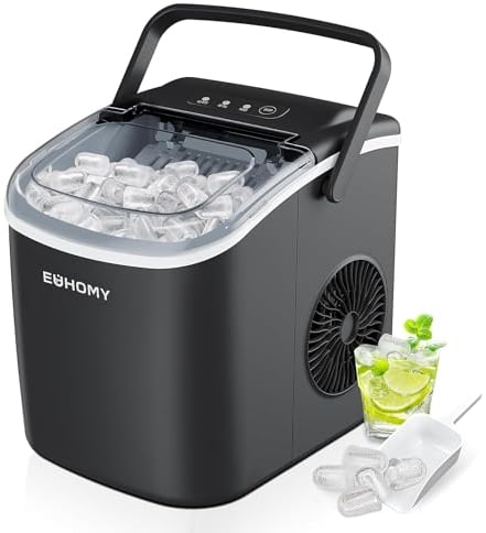 EUHOMY Ice Maker Machine Countertop Ice Cube Maker, Self-Cleaning Function,9 Cubes in 6 Mins,Portable Ice Cube Maker Machines with Ice Scoop & Basket for Home/Kitchen/Office/Bar, Black
