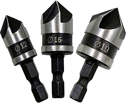 Fixinus Set di 3 punte a svasatura per legno, set di 5 svasatori conici per flauto, set con svasatore in metallo, codolo esagonale a 90°, 5 scanalature, diametro 12,16,19 mm