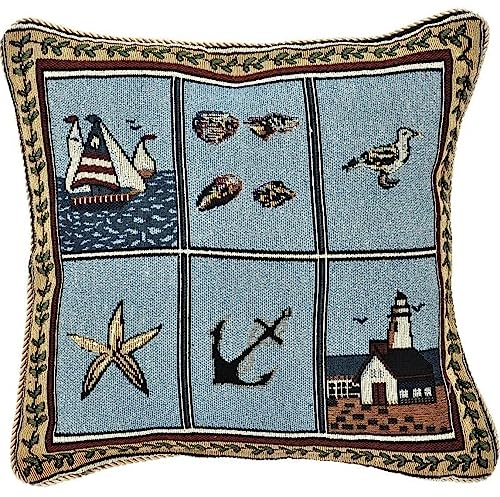 Espamira Kissenhülle Maritim 40x40 Gobelin Kissen Kissenbezug Sofa Kissen Nautik Dekokissen Anker Möwe Blau Bunt