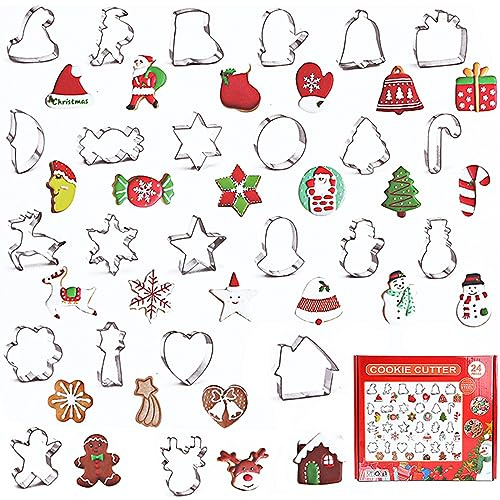Joyeee Christmas Cookie Cutters, 24PCS Stainless Steel Christmas Shape Biscuit Cutters, Gingerbread Men, Christmas Tree, Candy Cane, Reindeer, Mini Molds Cutter for Baking
