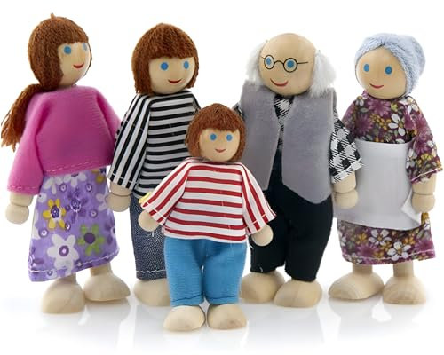 RLS 6pcs Wooden Puppet Toys Cartoon Family Dolls Figures for Children Playhouse Gift for Boys And girls 3+