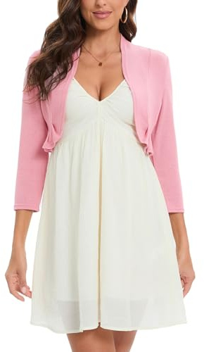 Hobrounn Bolero festivo de mujer, de punto, de manga larga, con parte frontal abierta, cardigan sólido para vestido, Rosa., L