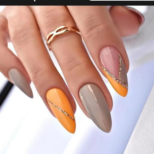 A N K Coffin Ballerina Tapered Press on Rainbow False Nails, Glossy Metallic Acrylic Nail False Tips Artificial Finger Manicure for Women (24 pcs short almond orange grey tip)