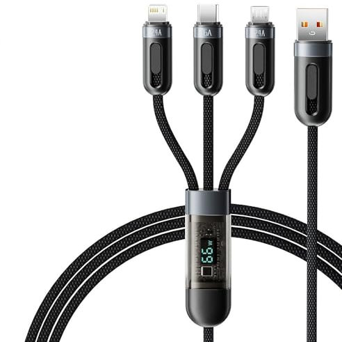 Wayzu® 3 in 1 Fast Charging Cable with Power Display [1.2M],QC Smart Chip,PD 60W Fast Charger,Nylon Braided Universal Cable,Type C + Micro USB + iP Connectors, Data Transfer Cord for Android and iP
